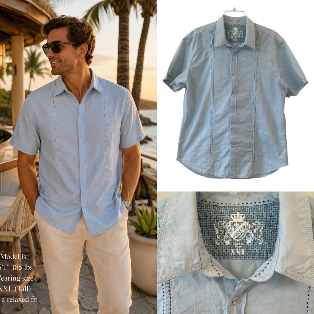 GUESS Mens XXL Light Blue Guayabera Resort Vacation Short Sleeve Button Up Shirt